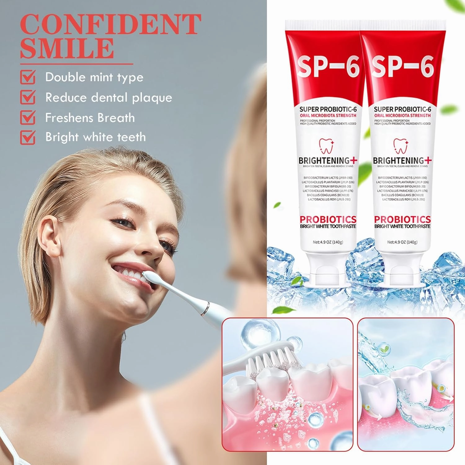 SP-6 Probiotics Whitening Toothpaste - Enhanced Formula with 6 Probiotics for Teeth Whitening and Gum Health - Deep Cleaning Care SP-6 Toothpaste, Enamel-Safe, Fluoride-Free, Fresh Mint Flavor (2PC)