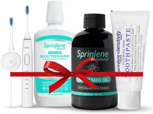 SprinJene Natural Fluoride Free Toothpaste for Sensitive Teeth (2 Pack)   Fluoride Free Mouthwash   Organic Black Seed Oil for Pulling   Electric Toothbrush with Wireless Charger