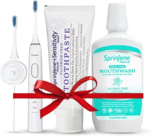 SprinJene Natural Fluoride Free Toothpaste for Sensitive Teeth & Gum (2 Pack)   Fluoride Free Mouthwash   Electric Toothbrush with Wireless Charger
