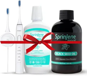 SprinJene Natural Fluoride Toothpaste for Sensitive Teeth & Gum (1 Pack)   Fluoride Free Mouthwash   Organic Black Seed Oil for Pulling   Electric Toothbrush with Wireless Charger