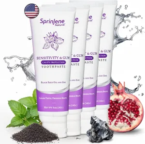 SprinJene Natural Sensitivity & Gum, Fluoride Toothpaste for Sensitive Teeth | Natural Toothpaste for Cavity Protection | 4 Pack