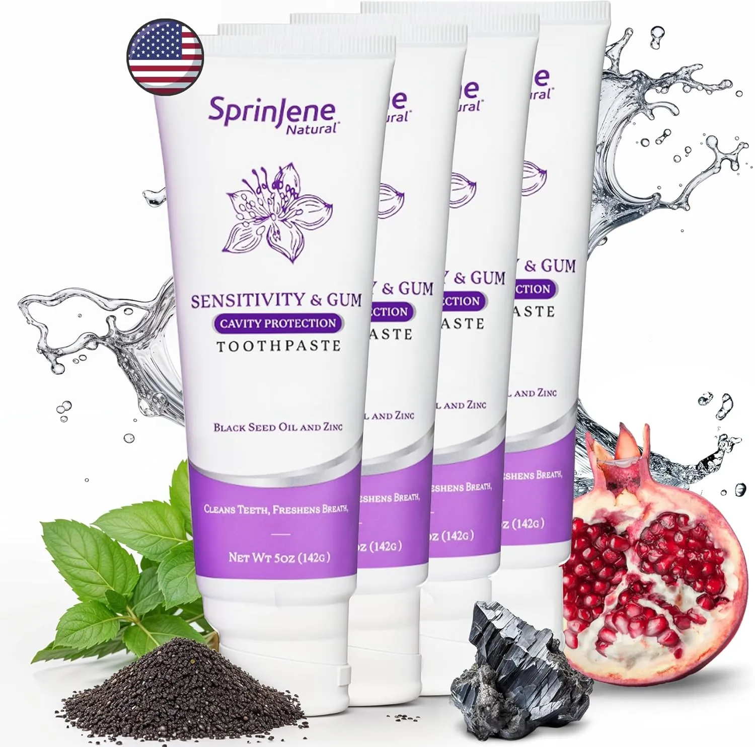 SprinJene Natural Sensitivity & Gum, Fluoride Toothpaste for Sensitive Teeth | Natural Toothpaste for Cavity Protection | 4 Pack