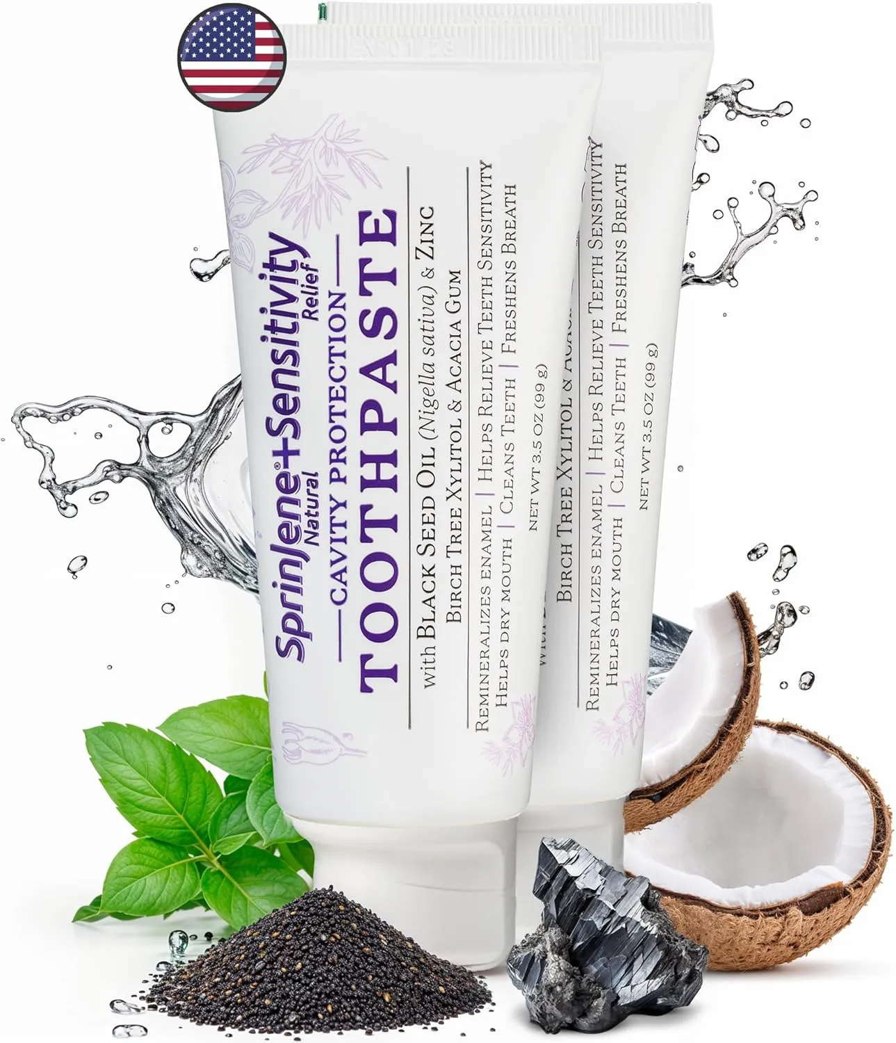 SprinJene Natural Sensitivity Relief, Fluoride Toothpaste for Sensitive Teeth | Natural Toothpaste for Cavity Protection | 2 Pack