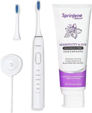 SprinJene Natural Sonic Electric Toothbrush & Natural Fluoride Free Toothpaste for Sensitivity Relief of Teeth and Gums, Fresh Breath, and Helps Dry Mouth - Vegan, Dye-Free, and SLS Free Toothpaste 5