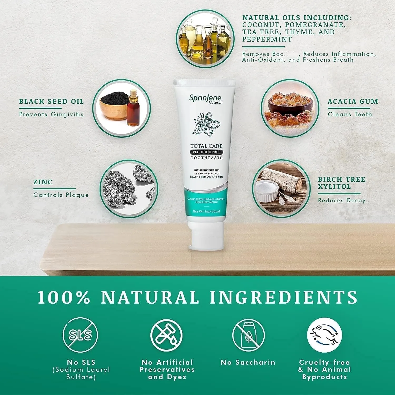 SprinJene Natural Total Care Fluoride Free Toothpaste for Strong Teeth & Gums - Natural Toothpaste to Soothe Dry Mouth & Freshen Breath | 4 Pack