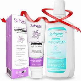 SprinJene Natural Sensitivity & Gum, Fluoride Free Toothpaste for Sensitive Teeth & Gum (1 Pack)   Fluoride Free & Alcohol Free Mouthwash