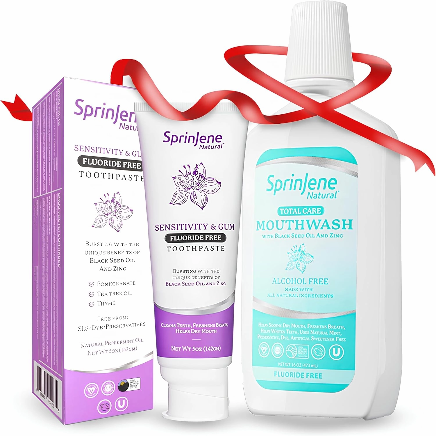 SprinJene Natural Sensitivity & Gum, Fluoride Free Toothpaste for Sensitive Teeth & Gum (1 Pack)   Fluoride Free & Alcohol Free Mouthwash
