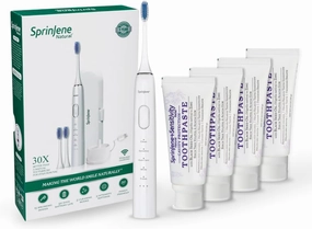 SprinJene Natural Sensitivity Relief, Fluoride Toothpaste for Sensitive Teeth & Gum (4 Pack)   Fluoride Free Mouthwash with Natural Ingredients   Electric Toothbrush with Wireless Charger
