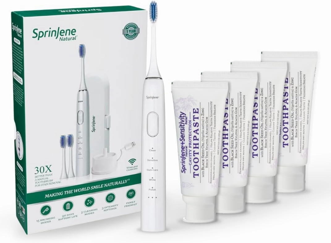 SprinJene Natural Sensitivity Relief, Fluoride Toothpaste for Sensitive Teeth & Gum (4 Pack)   Fluoride Free Mouthwash with Natural Ingredients   Electric Toothbrush with Wireless Charger