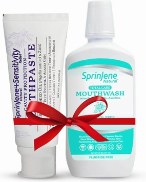 SprinJene Natural Sensitivity Relief, Fluoride Toothpaste for Sensitive Teeth & Gum (4 Pack)   Fluoride Free Mouthwash with Natural Ingredients