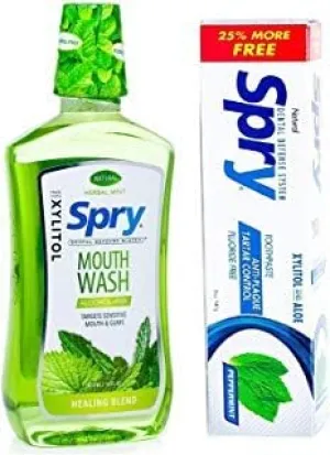 Spry Alcohol-Free Xylitol Mouthwash, Natural Herbal Mint, Healing Blend - 16 fl oz   Toothpaste, Fluoride-Free, Natural Peppermint, Anti-Plaque and Tartar Control, 5 oz (Bundle Pack)