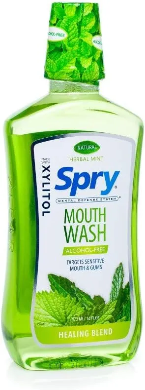 Spry Natural Xylitol Mouthwash Fluoride Free with Enamel Support, Alcohol-Free, Gentle, Non-GMO, Herbal Mint - 16 fl oz (Pack of 2)