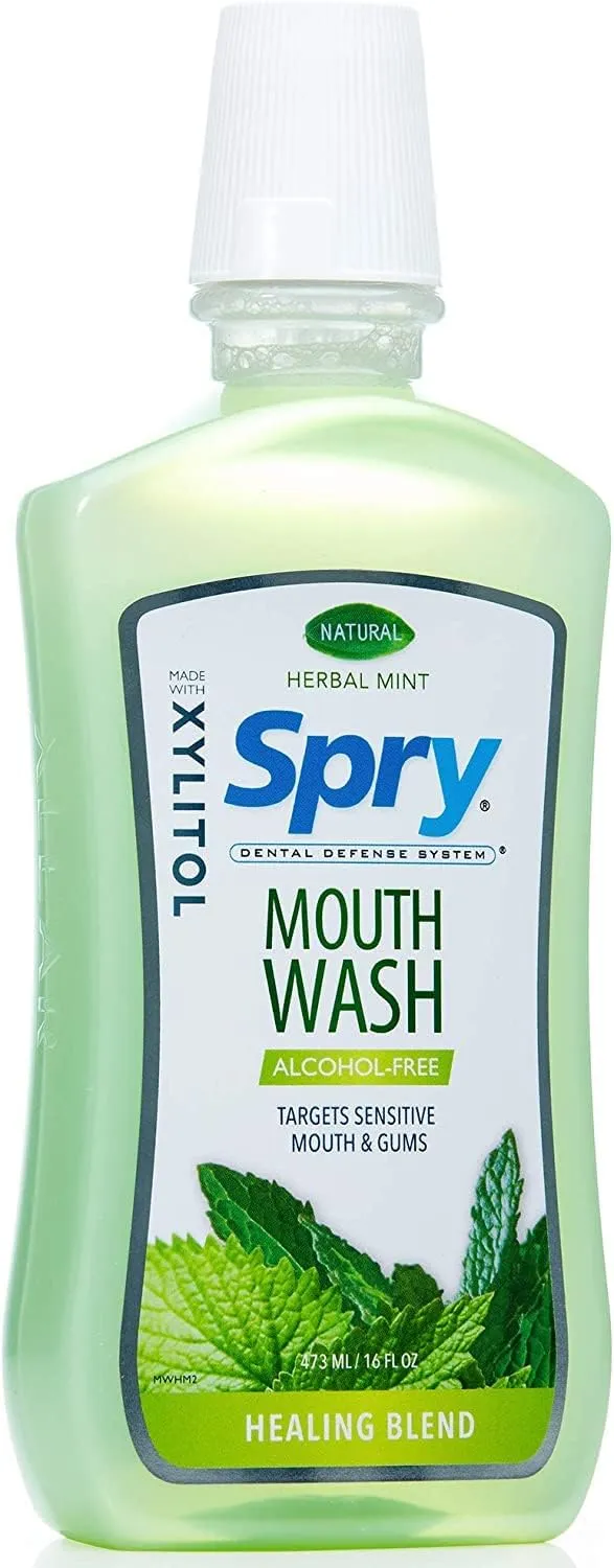 Spry Natural Xylitol Mouthwash Fluoride Free with Enamel Support, Alcohol-Free, Gentle, Non-GMO, Herbal Mint - 16 fl oz (Pack of 3)