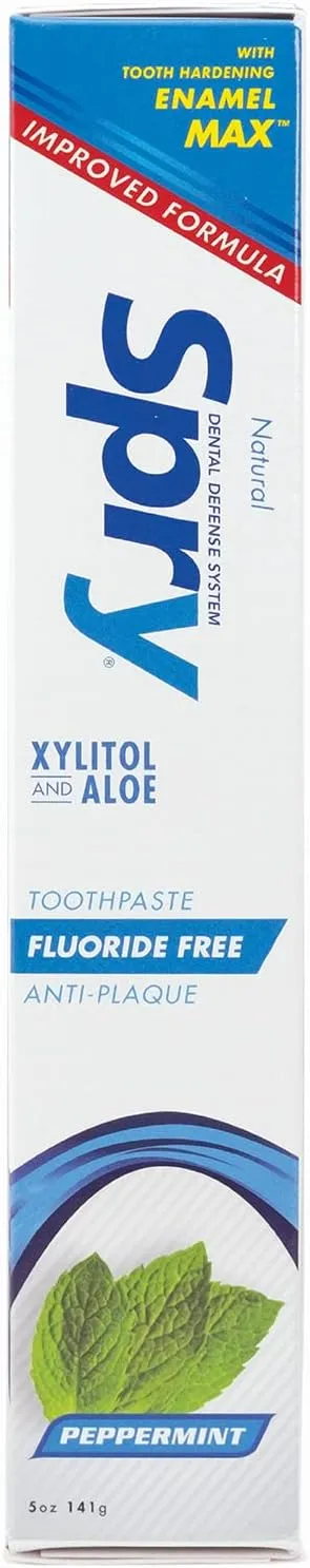 Spry Natural Xylitol Toothpaste 5oz for Adults and Kids - Fluoride Free, Gentle for Sensitive Teeth Whitening and Remineralizing, Breath Freshening, Mouth Moisturizing, Peppermint (Pack of 2)