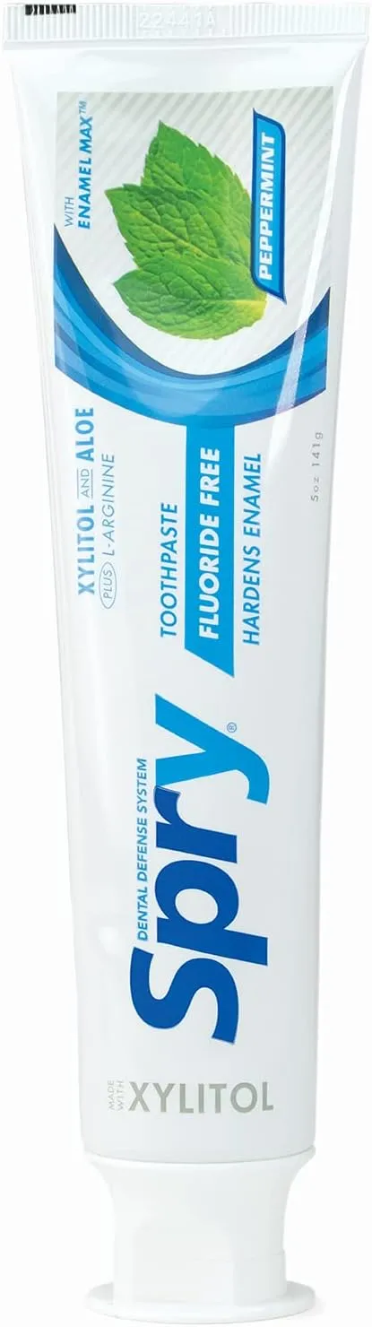 Spry Natural Xylitol Toothpaste 5oz for Adults and Kids - Fluoride Free, Gentle for Sensitive Teeth Whitening and Remineralizing, Breath Freshening, Mouth Moisturizing, Peppermint (Pack of 2)
