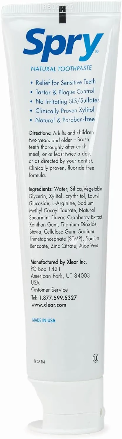 Spry Xylitol Toothpaste with Fluoride, Natural Spearmint, Anti-Cavity, 5 oz (3 Pack)