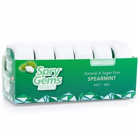 Spry Gems Natural Sugar-Free Xylitol Mints, On The Go Oral Care for Dry Mouth, Increase Saliva Production and Stop Bad Breath, Non-GMO, Gluten-Free - Spearmint 40 Count (Pack of 6)