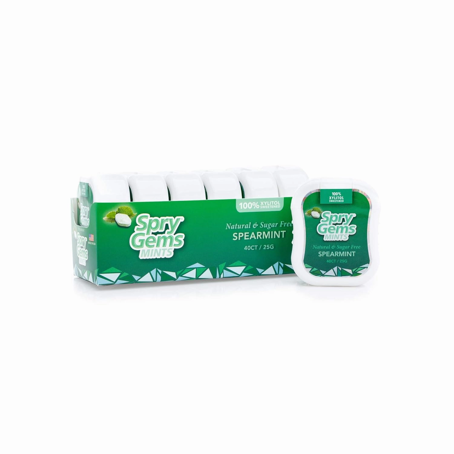 Spry Gems Natural Sugar-Free Xylitol Mints, On The Go Oral Care for Dry Mouth, Increase Saliva Production and Stop Bad Breath, Non-GMO, Gluten-Free - Spearmint 40 Count (Pack of 6)