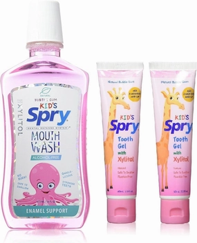 Spry Natural Bubble Gum, Kid's Alcohol-Free Xylitol Mouthwash16 fl oz 1 Count   Xlear Kids's Tooth Gel with Natural Xylitol 2 fl oz 2 Count (Bundle Pack)