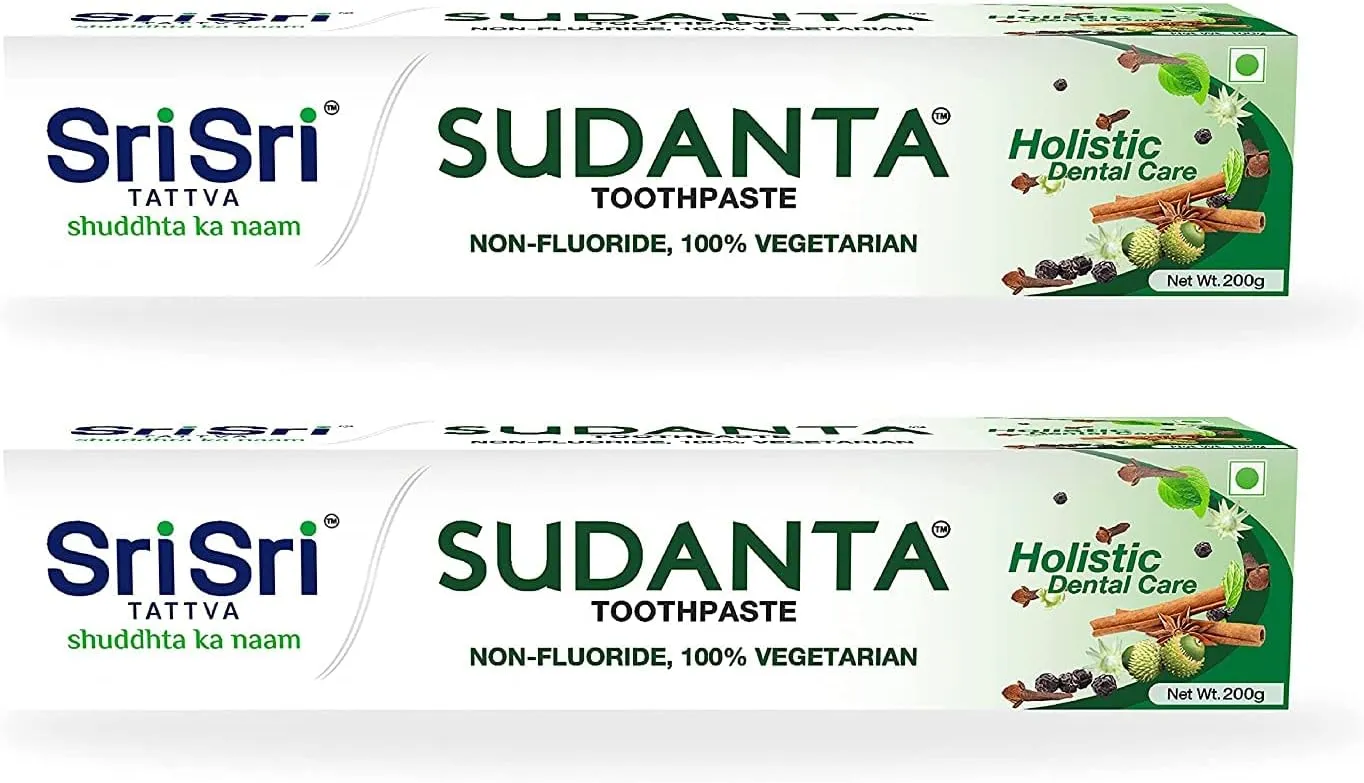 Sri Sri Tattva Sudanta Herbal Toothpaste - All Natural, Fluoride Free Tooth Paste with Cloves, Cinnamon, Bakul & More - 200g (Pack of 2), for Kids and Adults