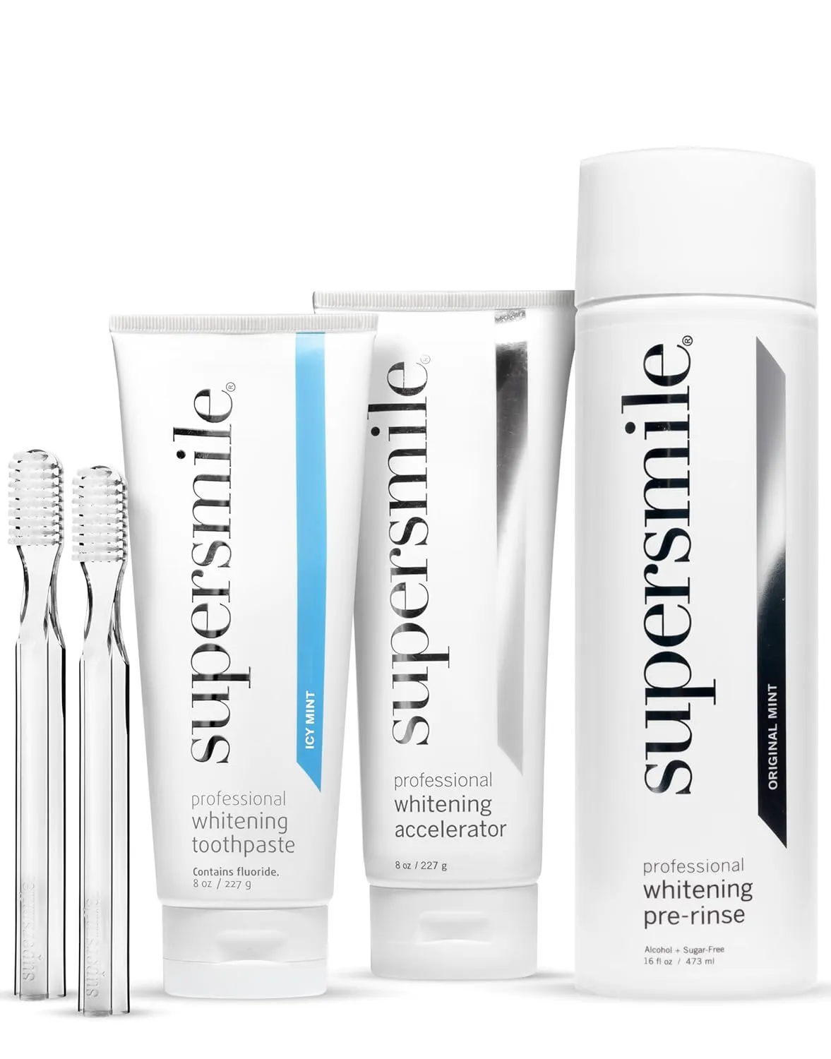 Supersmile Icy Mint whitening kit - professional whitening toothpaste, accelerator & pre-rinse, two 45°-angled brushes - Whitens 6 shades in 5 days