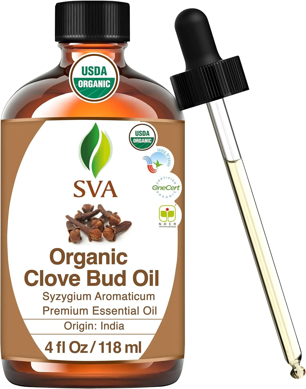 SVA Clove Essential Oil Organic – 4 Fl Oz – 100% Natural Organic Clove Oil - for Diffuser, Hair Care, Face, Skin Care, Aromatherapy, Scalp and Body Massage, Soap and Candle Making - with Dropper