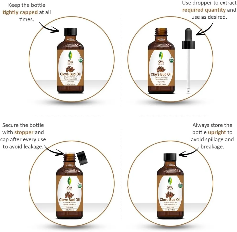 SVA Clove Essential Oil Organic – 4 Fl Oz – 100% Natural Organic Clove Oil - for Diffuser, Hair Care, Face, Skin Care, Aromatherapy, Scalp and Body Massage, Soap and Candle Making - with Dropper