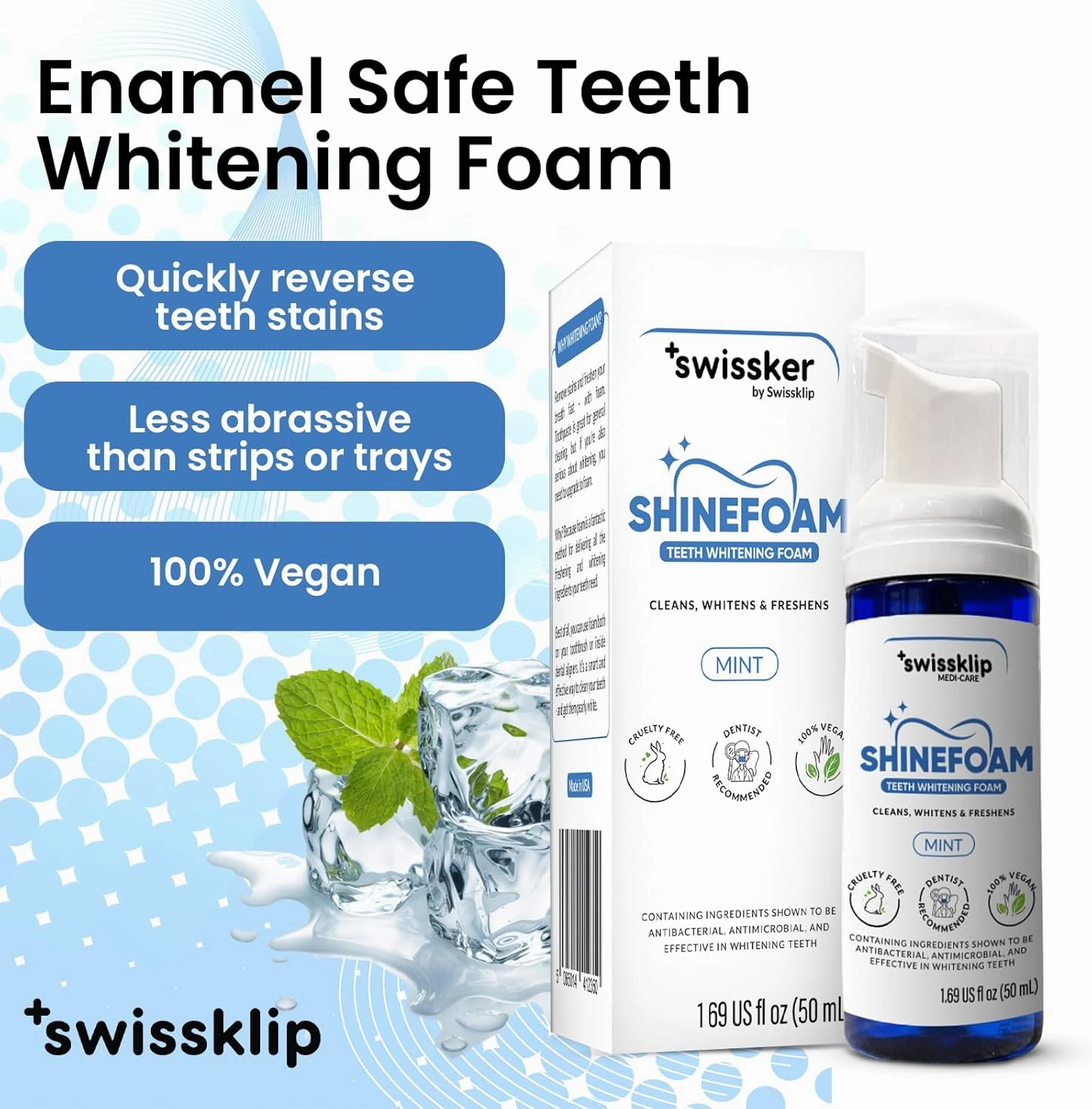 Swissklip Teeth Whitening Foam | Mint Flavor Whitening Toothpaste | Teeth Whitener I Professional Teeth Whitening Kit | 100% Vegan - Made in USA - 1.69 oz - Pack 1