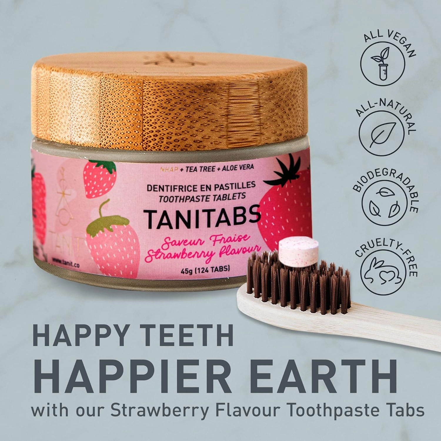 Tanitabs Strawberry Toothpaste Tablets, Fluoride-Free, Natural Toothpaste for Gum and Teeth Care, Zero-Waste Travel Toothpaste Tabs in Bamboo Jar, Natural Strawberry Flavor, 124 Tablets - Tanit