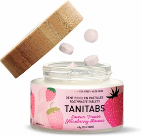 Tanitabs Strawberry Toothpaste Tablets, Fluoride-Free, Natural Toothpaste for Gum and Teeth Care, Zero-Waste Travel Toothpaste Tabs in Bamboo Jar, Natural Strawberry Flavor, 124 Tablets - Tanit