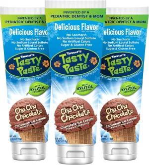 Tanner's Tasty Paste Cha Cha Chocolate - Anticavity Fluoride Children’s Toothpaste/Great Tasting, Safe, and Effective Chocolate Flavored Toothpaste for Kids (3-Pack)