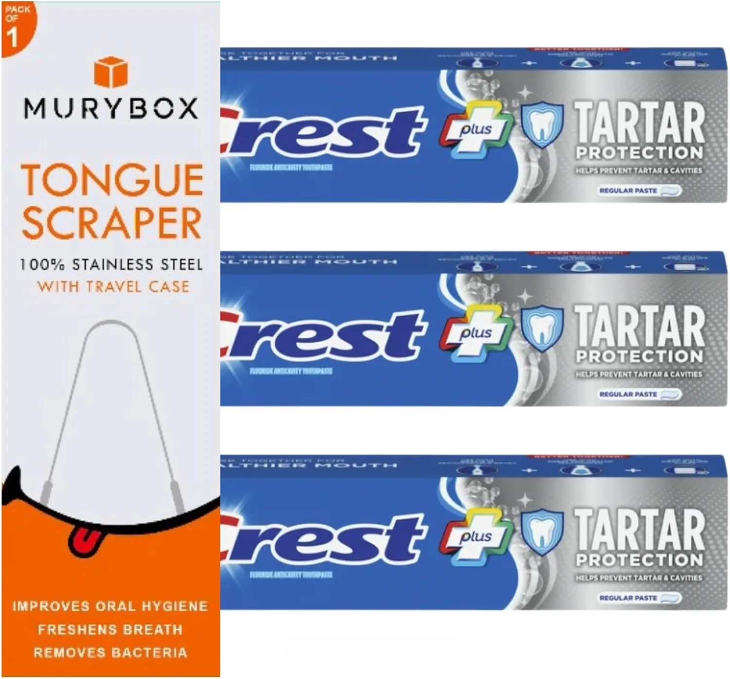 Tartar Protection Regular Paste, 5.7 oz (Pack of 3). Helps Control Tartar and Prevent Cavities | Cavity Protection Toothpaste   Tongue Cleaner MB with Travel Case