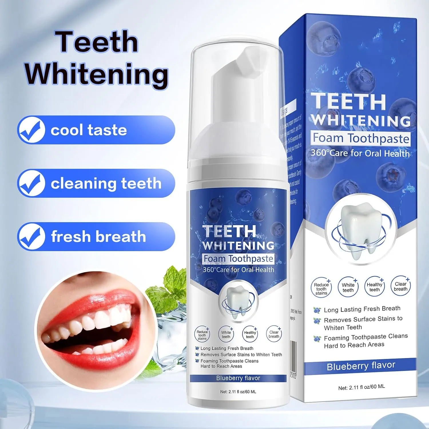 Teeth Whitening Toothpaste with Fluoride, Ultra-fine Mousse Foam for Deep Cleaning Gums, Stain Removal, 3 Fresh Flavors