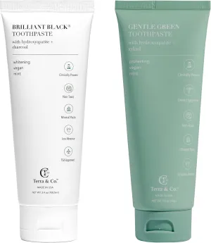 Terra & Co. Toothpaste Combo - Brilliant Black Whitening & Gentle Green Formulas for Sensitive Teeth - US-Made - Natural, Vegan, Remineralizing Hydroxyapatite - Fluoride-Free & SLS-Free - Mint, 3.4 Oz