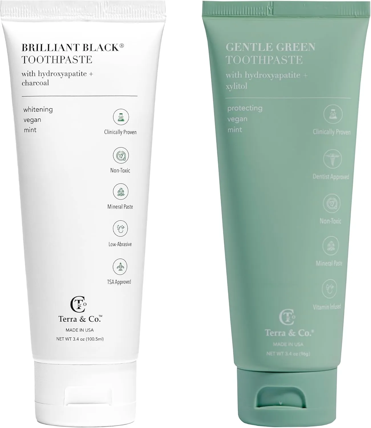 Terra & Co. Toothpaste Combo - Brilliant Black Whitening & Gentle Green Formulas for Sensitive Teeth - US-Made - Natural, Vegan, Remineralizing Hydroxyapatite - Fluoride-Free & SLS-Free - Mint, 3.4 Oz