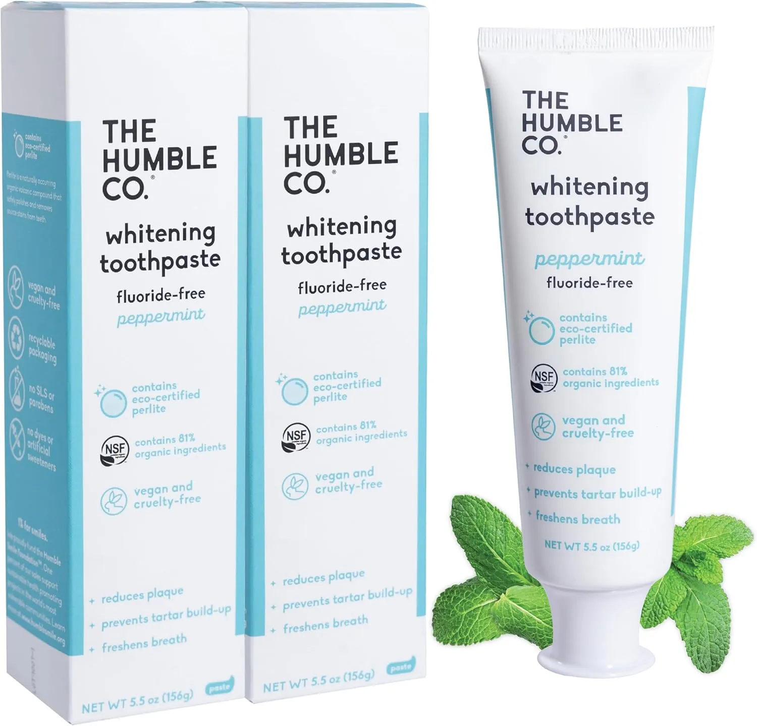 The Humble Co. Natural Whitening Toothpaste – Natural Peppermint Fluoride Free Toothpaste, Fresh Breath, Helps Remove Plaque, Vegan Cruelty Free Oral Care, Non-Toxic SLS Free Toothpaste (5.5 oz, 2pk)
