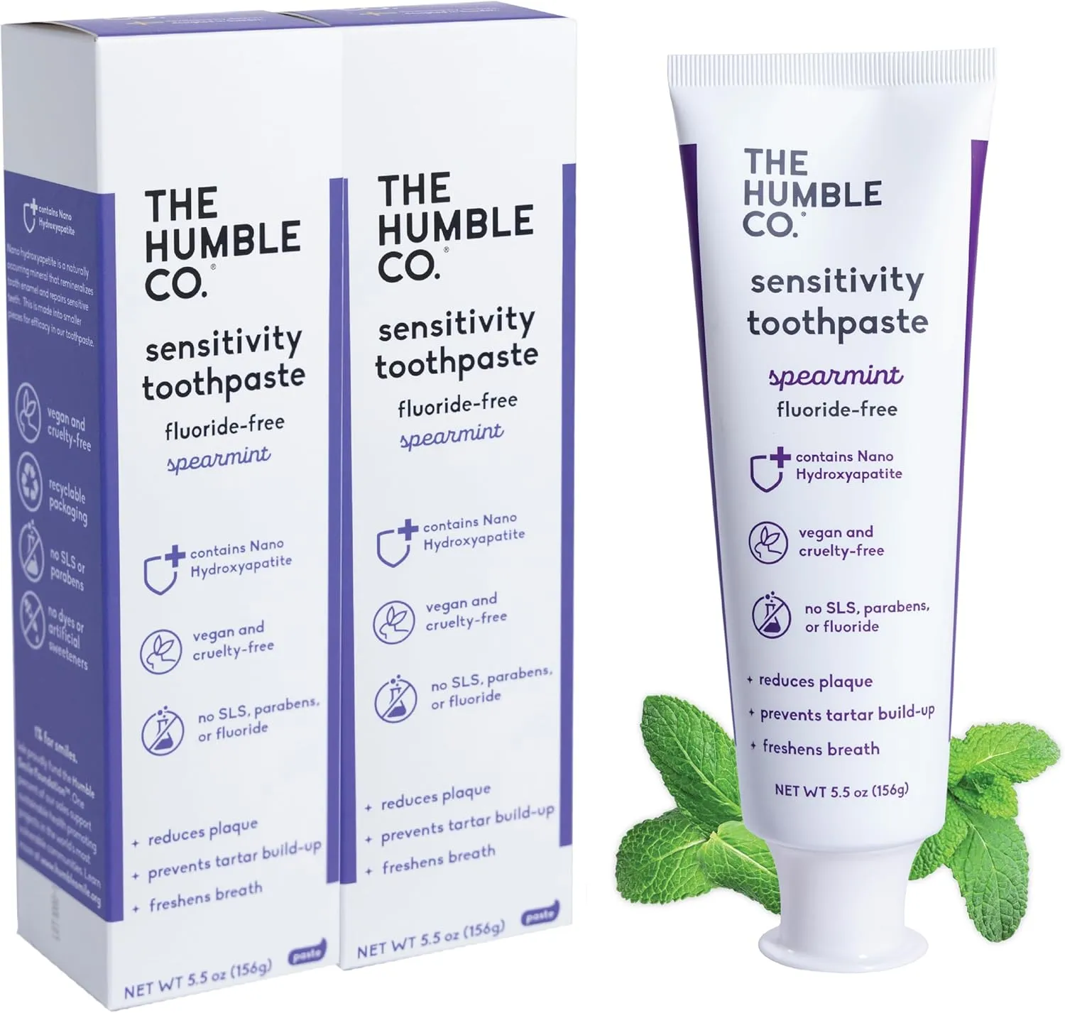 The Humble Co. Sensitive Toothpaste – Natural Spearmint Fluoride Free Toothpaste for Fresh Breath and Helps Remove Plaque, Vegan Cruelty Free Oral Care, Non-Toxic SLS Free Toothpaste (5.5 oz, 2pk)