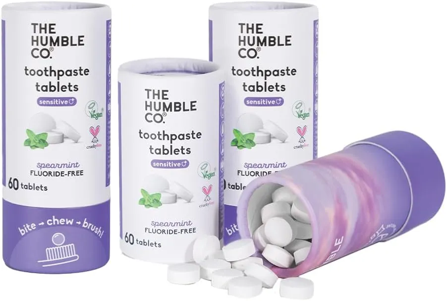 The Humble Co. Sensitive Toothpaste Tablets – Fluoride Free Toothpaste Tablets for Sensitive Teeth and Gums, Dentist Developed Formula, Vegan, SLS Free, Plastic Free (Spearmint, 2 PK)