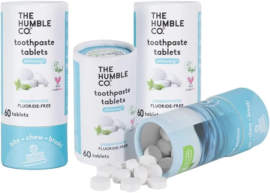The Humble Co. Whitening Toothpaste Tablets – Fluoride Free Toothpaste Whitening Tablets, Dentist Developed Formula, Vegan, SLS Free, Plastic Free (Peppermint, 2 PK)