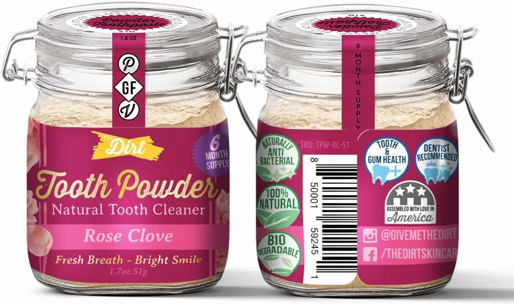 The Dirt - Remineralizing Tooth Powder, Natural Fluoride-Free Teeth Whitening Powder with Hydroxyapatite, Flouride & Gluten Free, Organic Vegan (Rose Clove, 51g: 6 Month Supply)