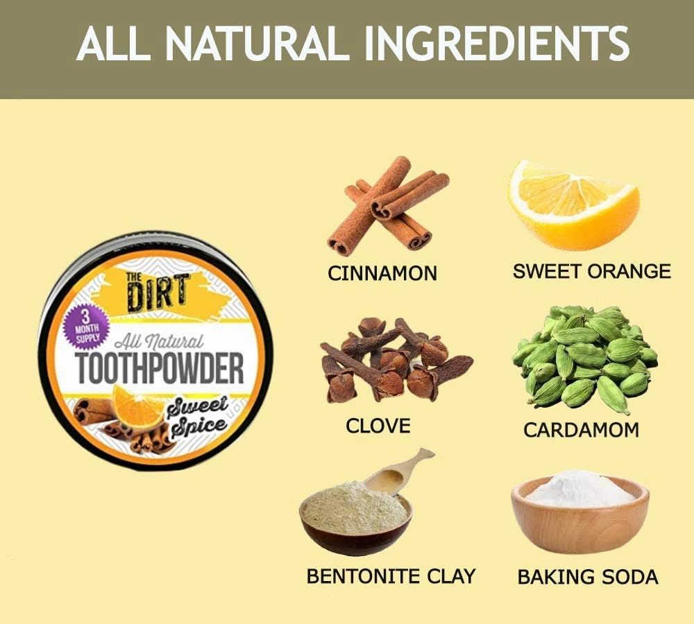 The Dirt - Remineralizing Tooth Powder, Natural Fluoride-Free Teeth Whitening Powder with Hydroxyapatite, Flouride & Gluten Free, Organic Vegan (Sweet Spice, 25g: 3 Month Supply)
