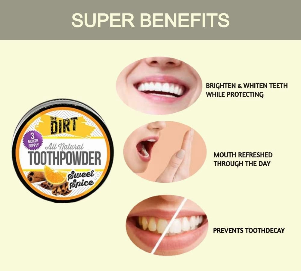 The Dirt - Remineralizing Tooth Powder, Natural Fluoride-Free Teeth Whitening Powder with Hydroxyapatite, Flouride & Gluten Free, Organic Vegan (Sweet Spice, 25g: 3 Month Supply)