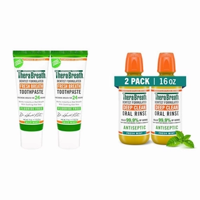 TheraBreath Dentist Formulated Fluoride Free Toothpaste Mild Mint 4 Ounce (Pack of 2) and Antigingivitis Antiseptic Alcohol Free Mouthwash Fresh Mint 16 fl oz (Pack of 2)