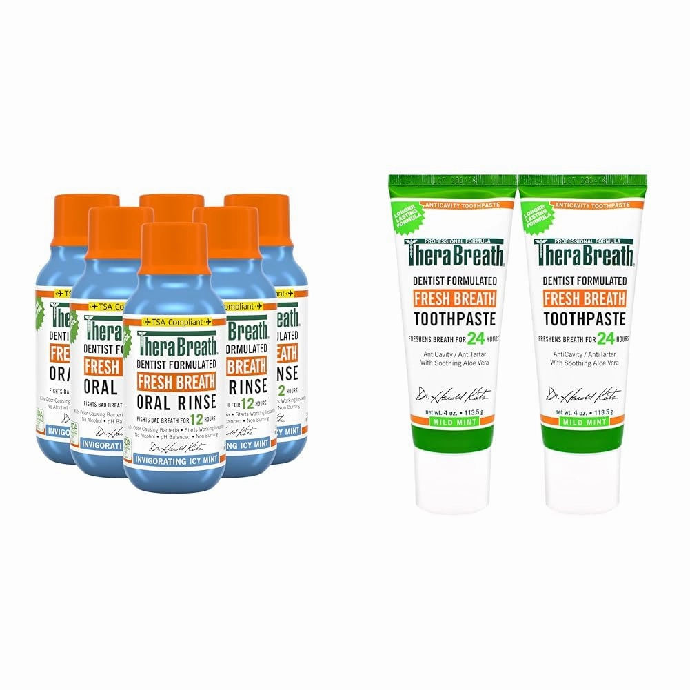 TheraBreath Dentist Formulated ICY Mint Oral Rinse (Pack of 6) and Mild Mint Toothpaste (Pack of 2) Bundle
