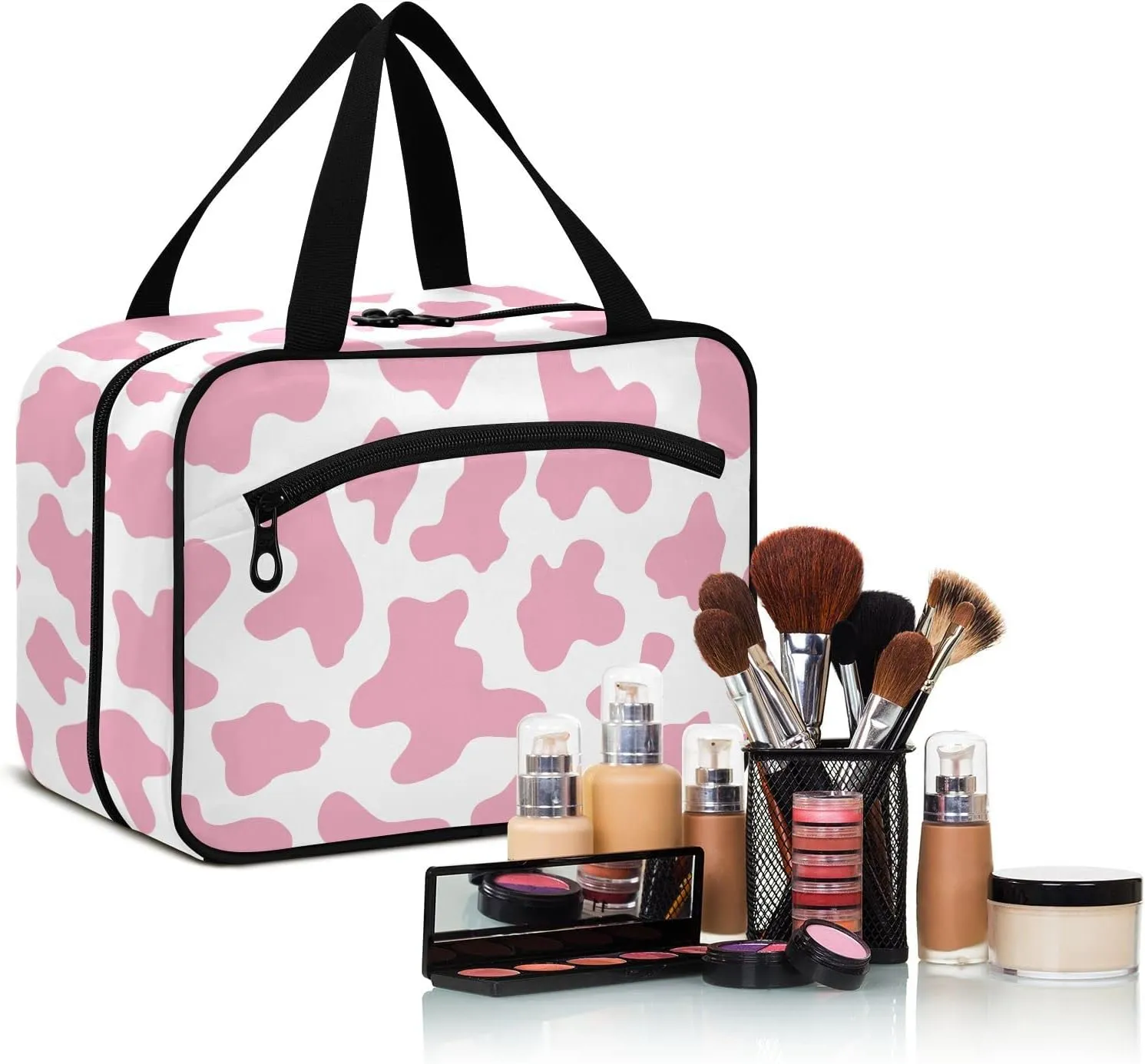 Toiletry Bag for Travel, Abstract Pink Cow Texture Makeup Bag Large Cosmetic Bag Organizer with Hanging Hook for Women Men