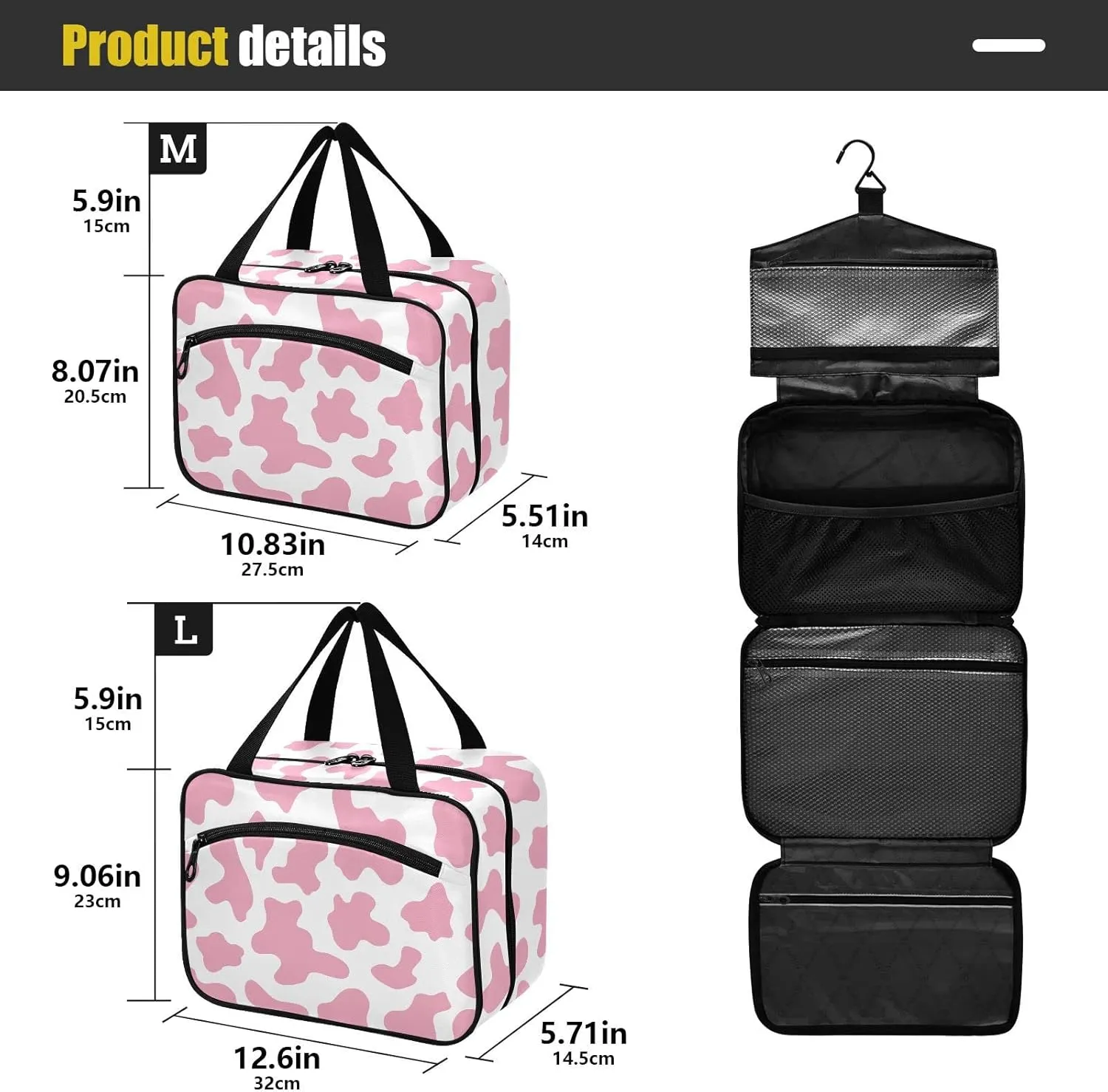 Toiletry Bag for Travel, Abstract Pink Cow Texture Makeup Bag Large Cosmetic Bag Organizer with Hanging Hook for Women Men