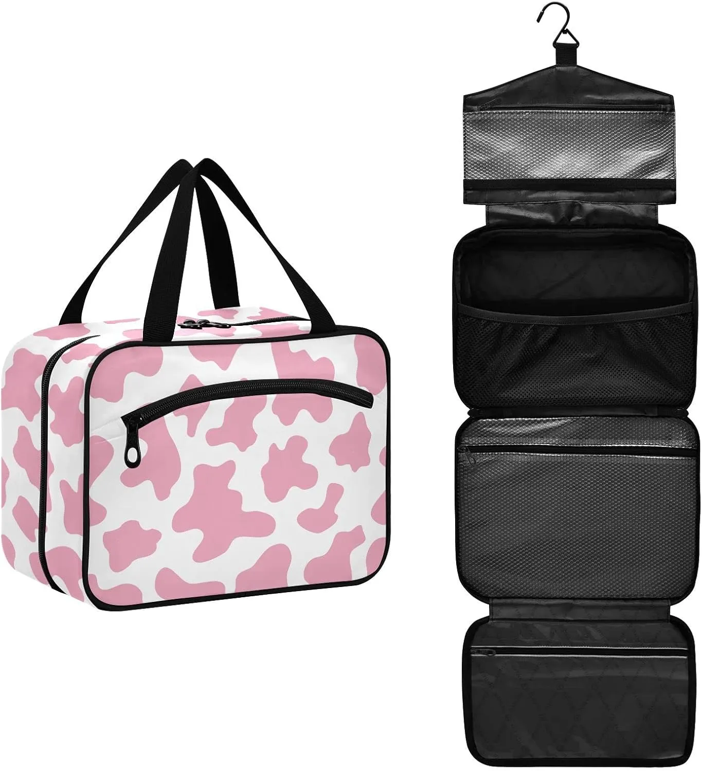 Toiletry Bag for Travel, Abstract Pink Cow Texture Makeup Bag Large Cosmetic Bag Organizer with Hanging Hook for Women Men