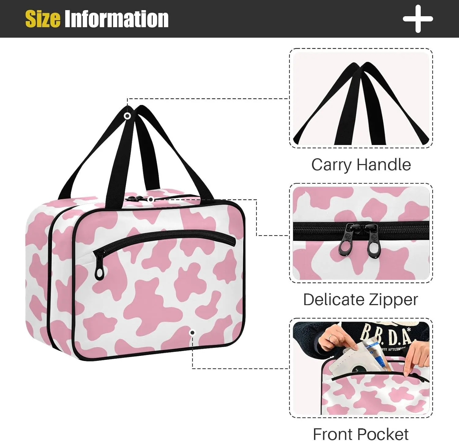 Toiletry Bag for Travel, Abstract Pink Cow Texture Makeup Bag Large Cosmetic Bag Organizer with Hanging Hook for Women Men
