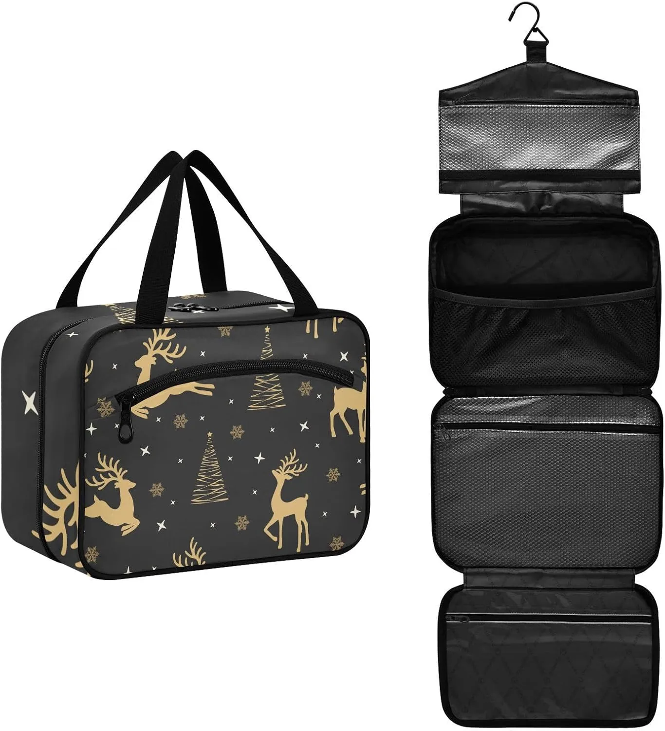 Toiletry Bag for Travel, Reindeer Background Winter Pattern Makeup Bag Large Cosmetic Bag Organizer with Hanging Hook for Women Men