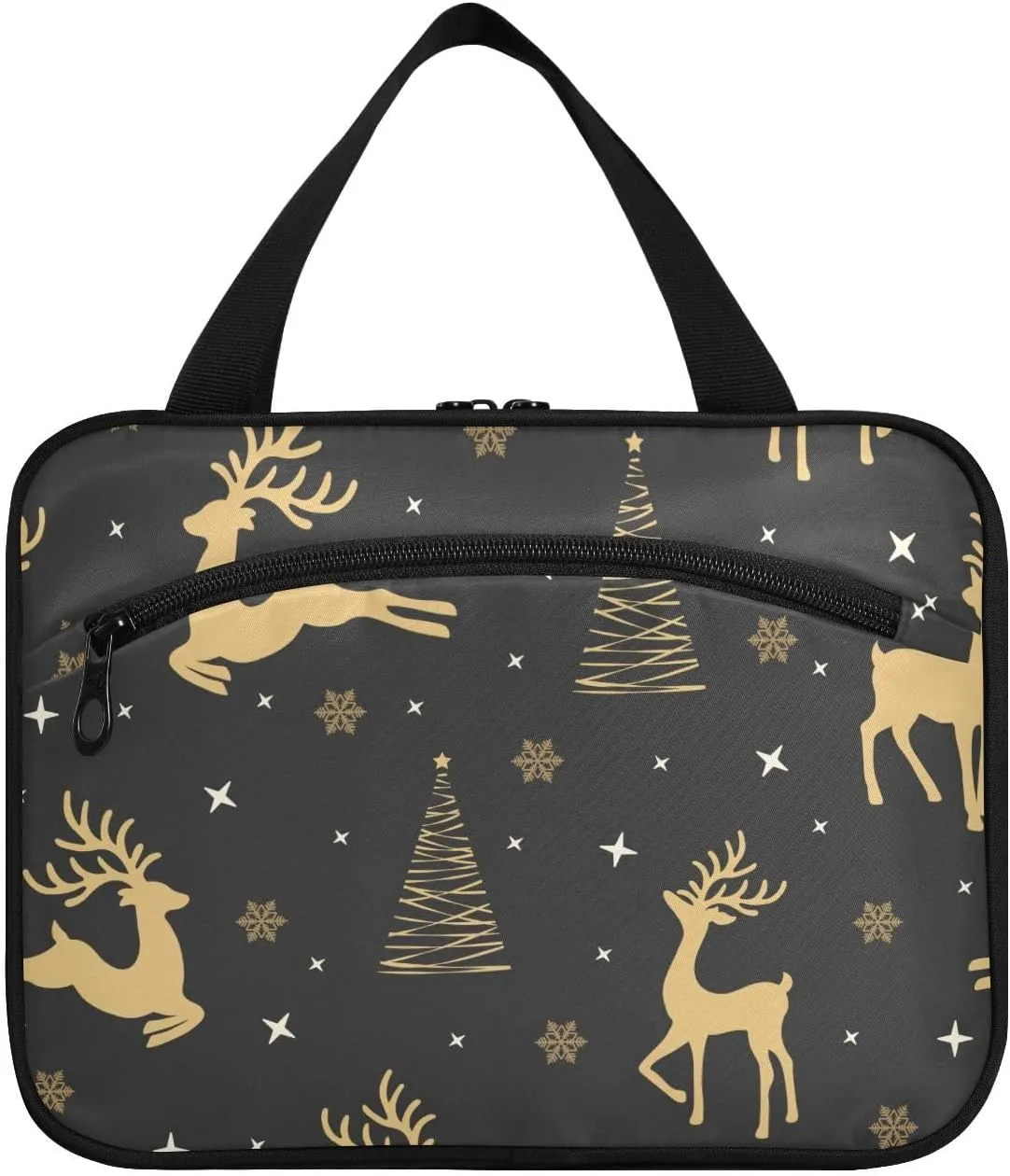 Toiletry Bag for Travel, Reindeer Background Winter Pattern Makeup Bag Large Cosmetic Bag Organizer with Hanging Hook for Women Men